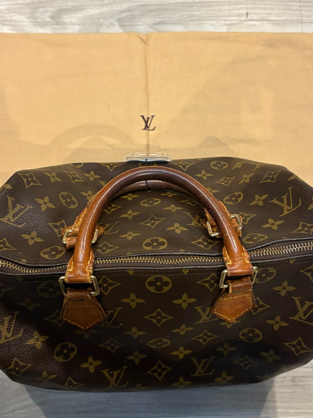 Louis Vuitton Brown Monogram Canvas Duffel Bag with Tan Leather Trim- Speedy 30
